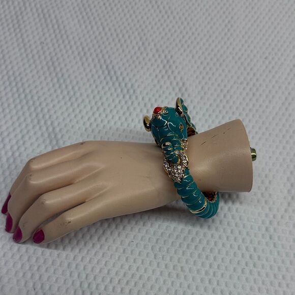 Kenneth Jay Lane Teal Raj Hinged Bangle Clamped Bracelet - Picture 11 of 13